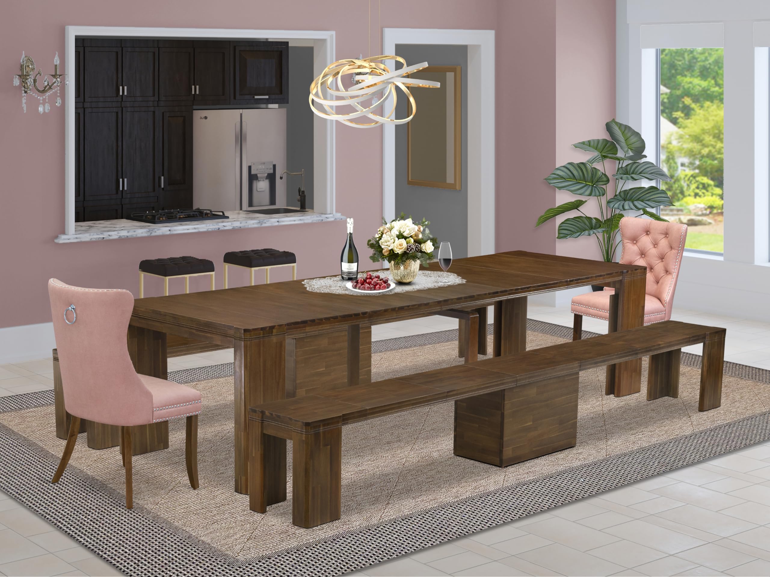Luxe by East West Furniture X02DA-208-23-5 Pieces Extendable Dining Set Includes a Rectangle Xtenczar Table, 2 Beige Red Faux Leather Dining Chairs and 2 Modern Benches, Antique Walnut